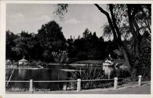 Ak Limbach Oberfrohna Sachsen, Teich im Stadtpark, Uferweg