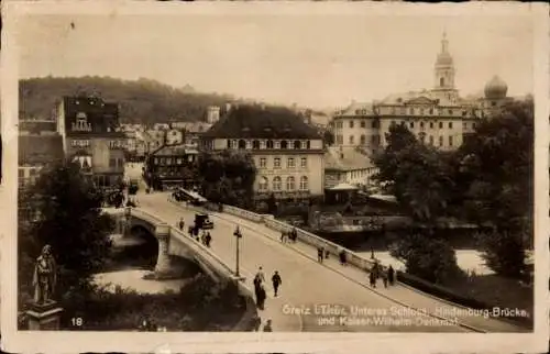 Ak Greiz im Vogtland Thüringen, Unteres Schloss, Hindenburg-Brücke, Kaiser-Wilhelm-Denkmal