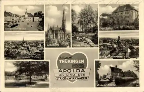 Ak Apolda in Thüringen, Gesamtansicht, Lutherkirche, Altes Schloss, Promenade, Oberschule