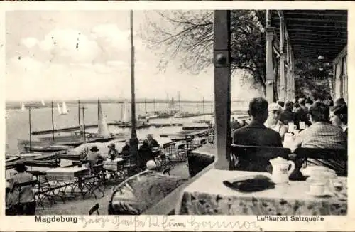 Ak Magdeburg an der Elbe, Luftkurort Salzquelle, Terrasse, Blick auf Hafen