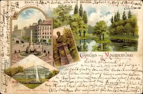 Litho Magdeburg, Grusonsches Gewächshaus, Hasselbachbrunnen, Friesendenkmal