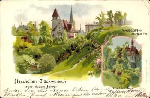 Litho Magdeburg an der Elbe, Luisengarten, Villa Fleischhauer, Glückwunsch zum neuen Jahr