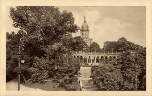 Ak Wrocław Breslau Schlesien, Bellevue Liebichshöhe, Treppe, Turm, Arkadengang, Bäume