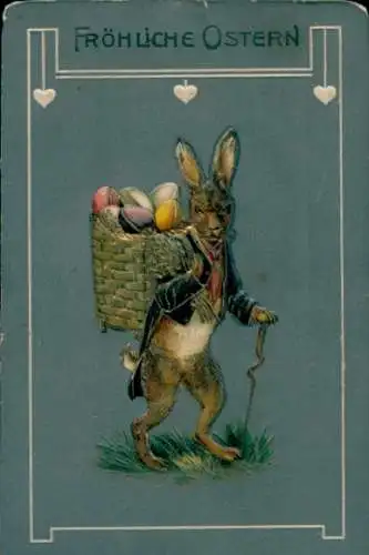 Präge Ak Glückwunsch Ostern, Osterhase, Korb, Ostereier