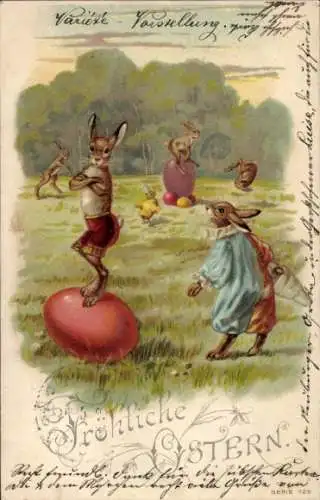 Litho Glückwunsch Ostern, Vermenschlichte Hasen, Sprung über ein Osterei, Clown