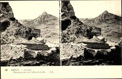 Stereo Ak Korinth Griechenland, Panorama von Akro Korinth gesehen