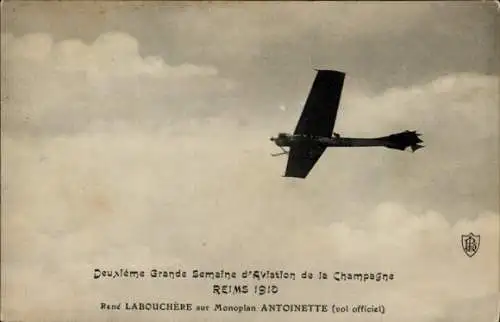 Ak Luftfahrtwoche Reims 1910, Monoplan Antoinette, Pilot René Labouchère