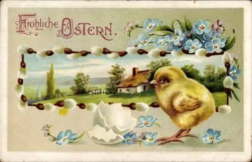 Ak Glückwunsch Ostern, Küken vor zerbrochenem Ei, Weidenkätzchen