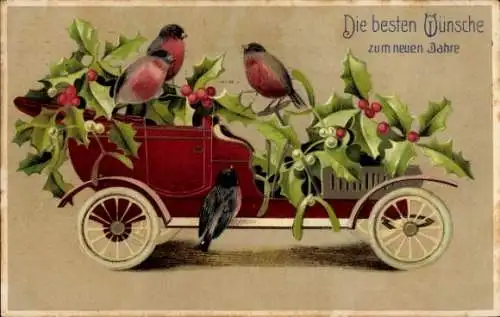 Präge Ak Glückwunsch Neujahr, Auto, Stechpalmenzweige, Mistelzweige, Vögel