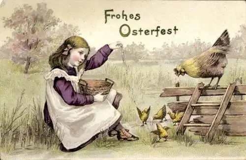 Ak Glückwunsch Ostern, Mädchen füttert Küken