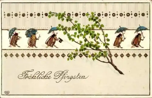 Ak Glückwunsch Pfingsten, Maikäfer mit Regenschirmen, Birkenzweig