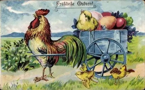 Präge Ak Glückwunsch Ostern, Hahn zieht Wagen mit Ostereiern, Küken