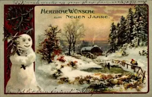 Präge Ak Fröhliches Neujahr, Schneemann, Winterszene, Haus im Schnee