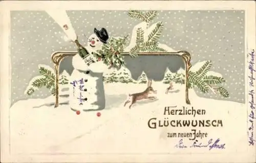 Ak Glückwunsch Neujahr, Schneemann mit Sektflasche