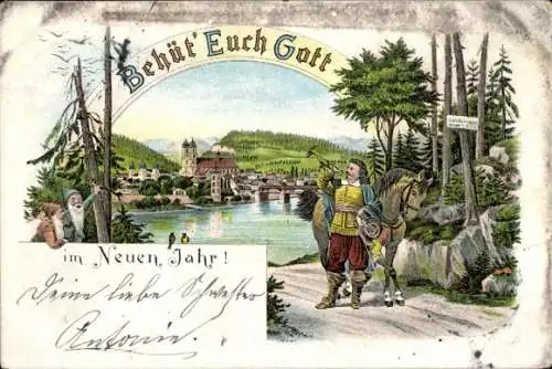 Litho Trompeter von Säckingen, Behüt Euch Gott, Glückwunsch Neujahr