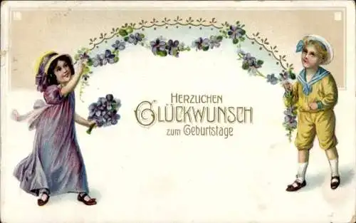 Ak Glückwunsch Geburtstag, Junge und Mädchen mit Blumenkranz