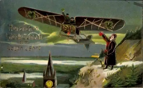 Ak Glückwunsch Neujahr, 1911, Flugzeug, Kleeblätter