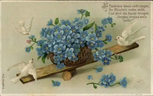 Ak Blumen, Tauben wippen mit Blumenkorb