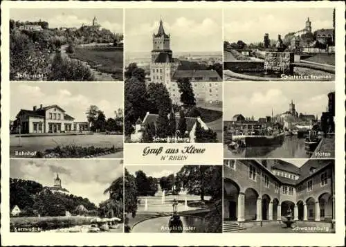 Ak Kleve am Niederrhein, Teilansichten, Bahnhof, Amphitheater, Schwanenburg, Hafen