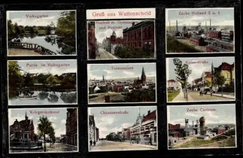 Ak Wattenscheid Bochum, Zeche Holland 3 u. 4, Volksgarten, Hochstraße, Zeche Centrum, Kaiserstraße