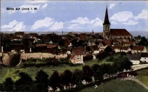 Ak Unna in Westfalen, Panorama, Evangelische Kirche