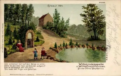 Künstler Litho Moelle, W., Porta Westfalica, Wittekindskapelle und Wittekindsbrunnen