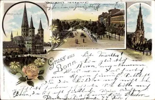 Litho Bonn am Rhein, Münsterkirche, Kaiserplatz, Poppelsdorfer Allee