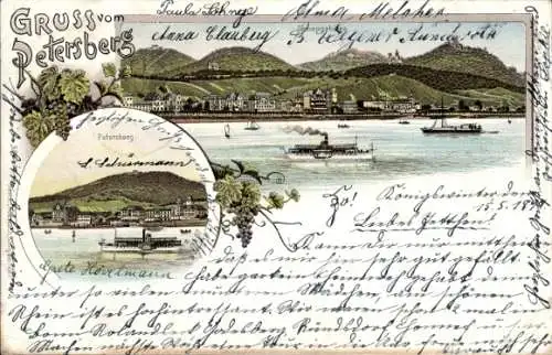 Litho Königswinter am Rhein, Panorama vom Ort und Siebengebirge, Petersberg