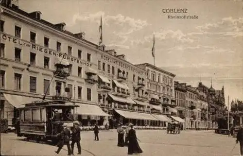 Ak Koblenz am Rhein, Rheinzollstraße, Hotel zum Riesen Fürstenhof, Straßenbahn