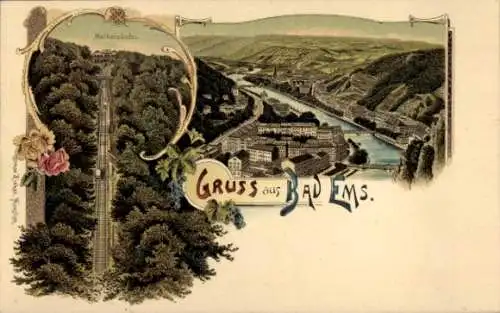 Litho Bad Ems an der Lahn, Malbergbahn, Totalansicht