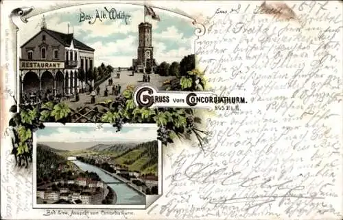 Litho Bad Ems an der Lahn, Concordiaturm, Restaurant, Blick auf den Ort