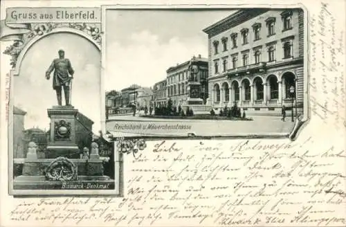 Ak Elberfeld Wuppertal, Bismarck Denkmal, Reichsbank u. Mäuerchenstraße