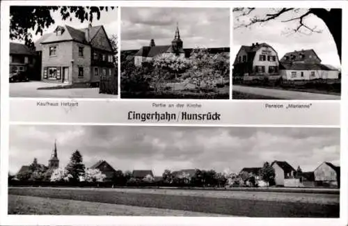 Ak Lingerhahn im Hunsrück, Kaufhaus Hetzert, Kirche, Pension Marianne, Totale