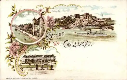 Litho Koblenz in Rheinland Pfalz, Alte Häuser a. d. Mosel, Festung Ehrenbreitstein, Schloss, Dampfer