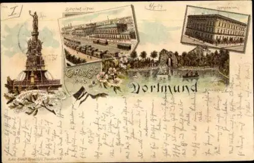 Litho Dortmund im Ruhrgebiet, Bahnhof mit Post, Gymnasium, Kriegerdenkmal, Kronenburg