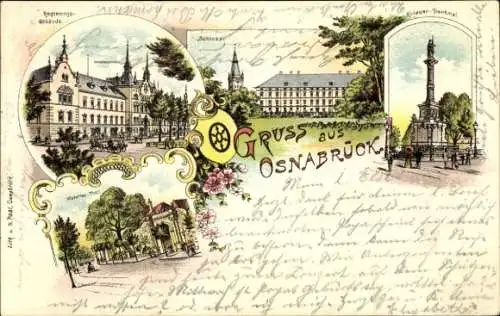 Litho Osnabrück in Niedersachsen, Regierungsgebäude, Schloss, Kriegerdenkmal, Waterloo-Tor