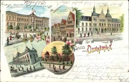 Litho Osnabrück in Niedersachsen, Justizgebäude und Kriegerdenkmal, Kaiserl. Post, Regierungsgebäude