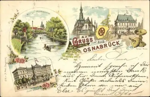 Litho Osnabrück in Niedersachsen, Justizgebäude, Rathaus, Marienkirche, Blick v. d. Neumarktsbrücke