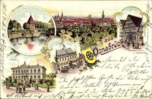 Litho Osnabrück in Niedersachsen, Panorama, Rathaus, Museum, Pernickelturm, Bierstraße