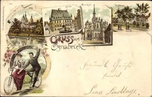 Litho Osnabrück in Niedersachsen, Dom, Rathaus, Marienkirche, Villa Schanze, Tandem Fahrrad