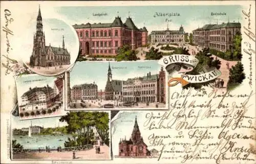 Litho Zwickau in Sachsen, Marienkirche, Albertplatz, Schwanenteich, Moritzkirche