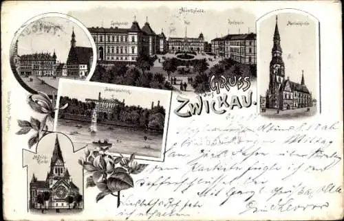 Litho Zwickau Sachsen, Albertplatz, Hauptmarkt, Schwanenteich, Landgericht