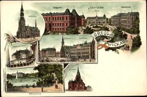 Litho Zwickau in Sachsen, Marienkirche, Albertplatz, Schwanenteich, Moritzkirche