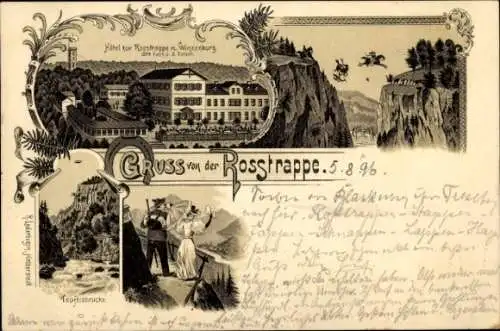 Litho Thale im Harz, Hotel zur Roßtrappe, Winzenburg, Teufelsbrücke, Wanderer, Sprungsage