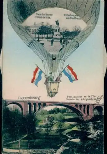 Mechanische Ak Luxemburg, Adolphbrücke, Ballon, Wilhelmsplatz, Stadthaus