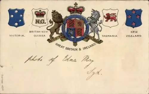 Wappen Ak Großbritannien und Irland, Victoria, British New Guinea, Tasmania, New Zealand