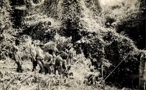 Foto Ak Malaysia, Ureinwohner mit Blasrohr auf der Jagd, Senoi, Sakai, Orang Asli