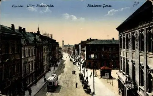 Ak Tarnów Tarnau Polen, Krakauer-Gasse, Straßenbahn