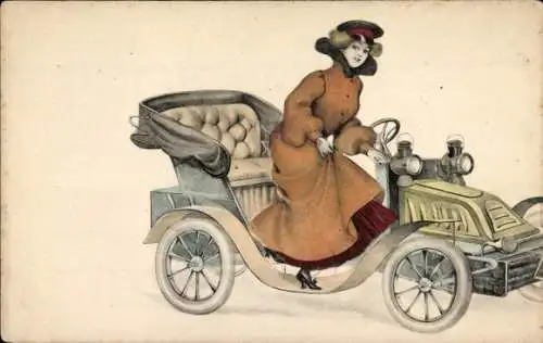 Litho Automobil, Frau mit Fahrermütze, Mantel