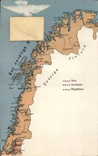 Landkarten Ak Norwegen, nördlicher Teil, Brieftaube, Umschlag